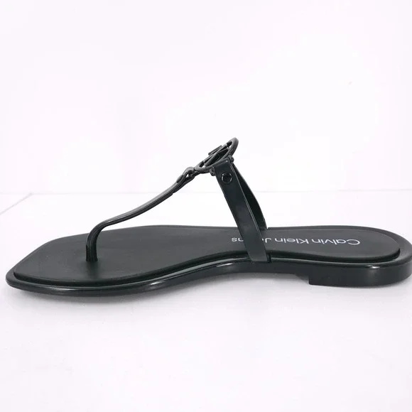 Calvin Klein Edhen Black Flat T Strap Thong Logo Sandals Womens Size 6 M - Picture 8 of 16